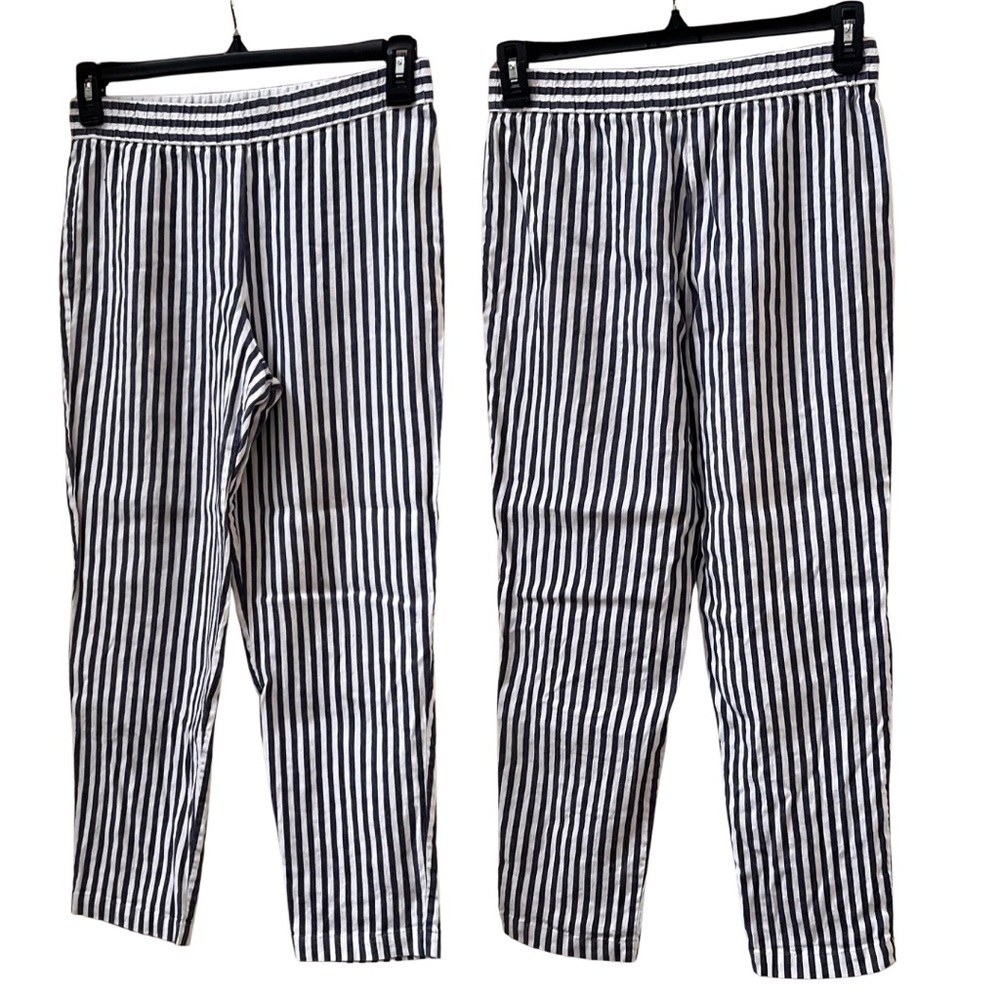 Theory Navy Striped Straight Linen Like Pants, Size Small